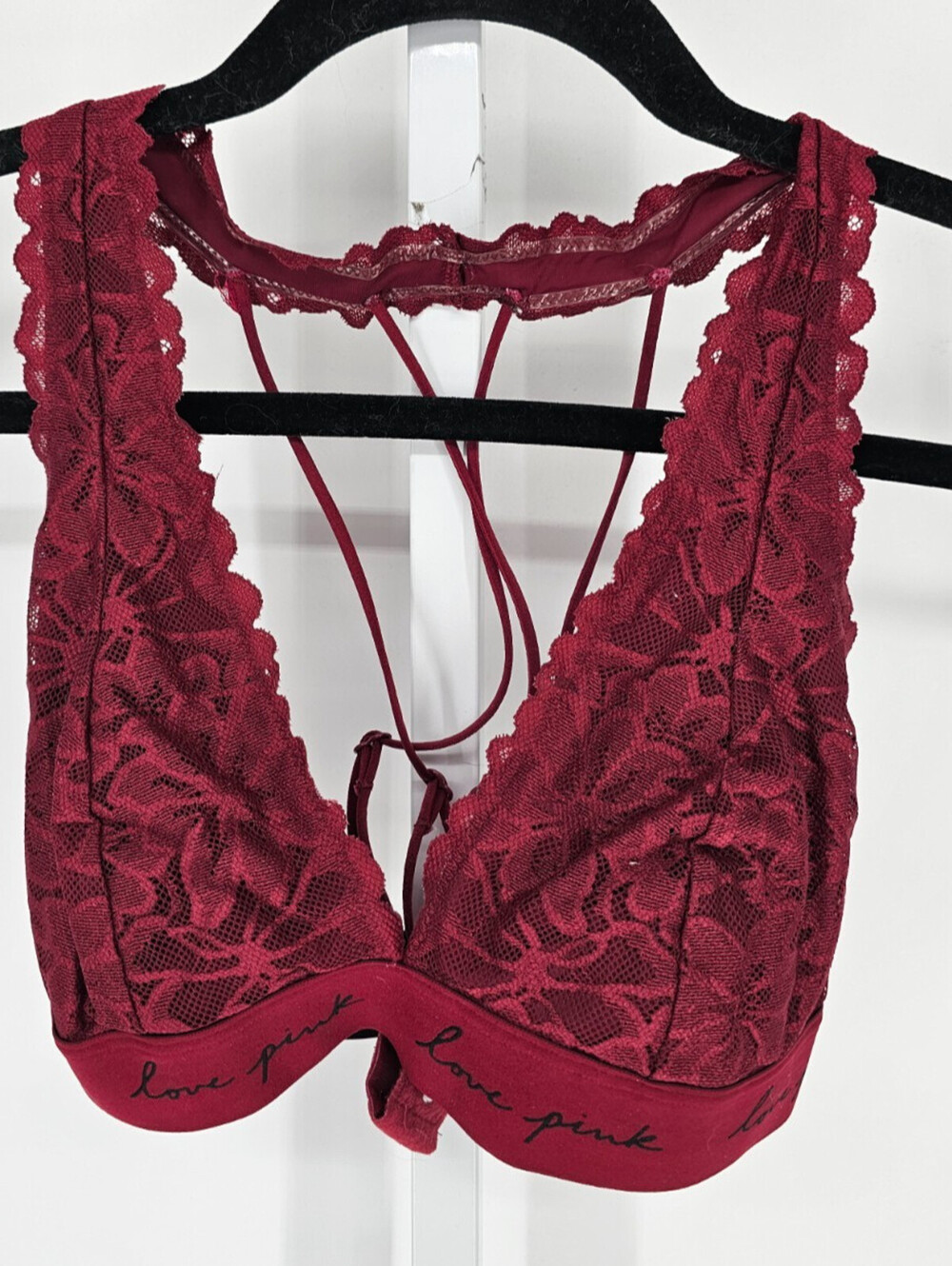 Pink by Victorias Secret Womens Sz S Bralette Bra Dark Red Lace Strappy